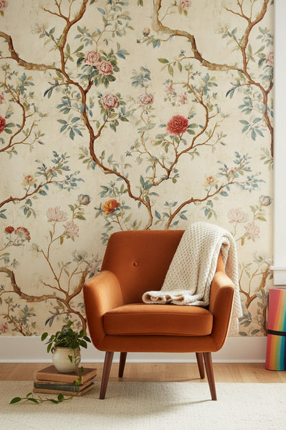 Vintage Çiçek ve Dallı Duvar Kağıdı Krem Salon