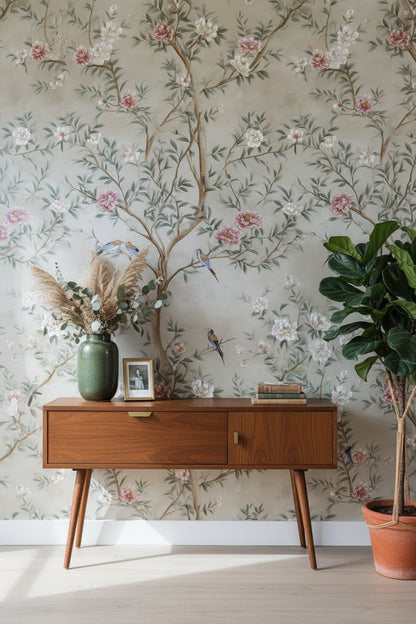 Çiçekli Kuşlu Duvar Kağıdı Bej Fonlu Vintage Salon