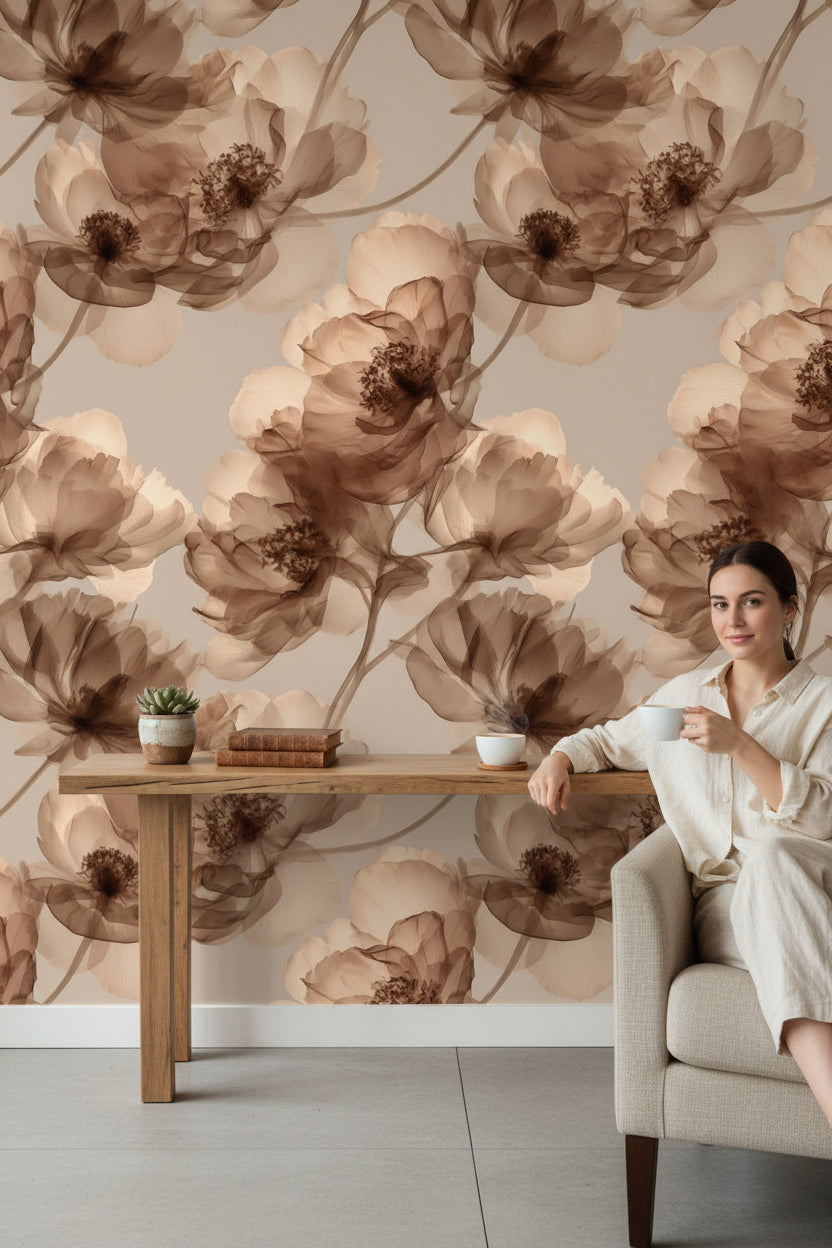 Sepya Sulu Boya Çiçekli Duvar Kağıdı Bej Salon