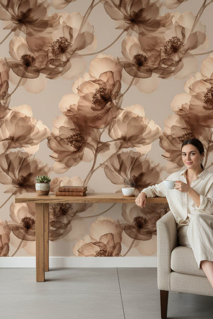 Sepya Sulu Boya Çiçekli Duvar Kağıdı Bej Salon