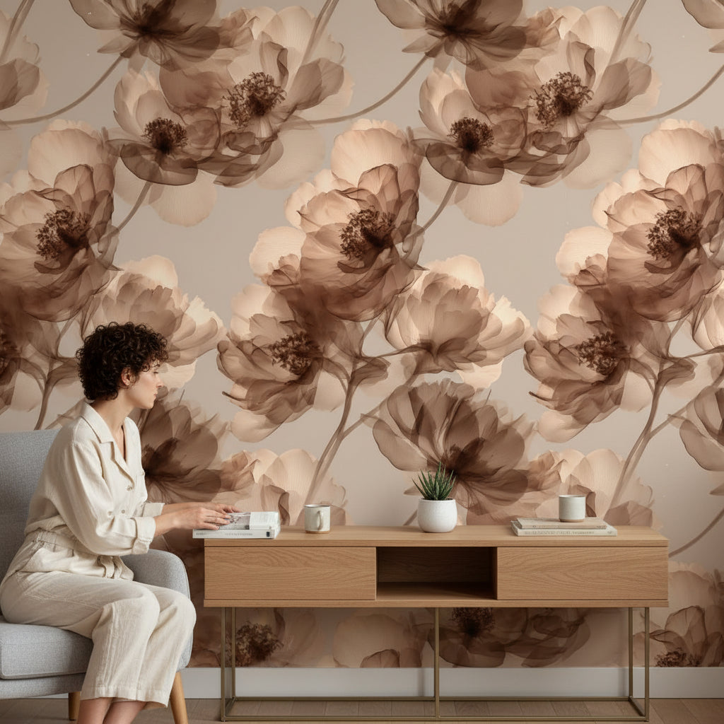 Sepya Sulu Boya Çiçekli Duvar Kağıdı Bej Salon