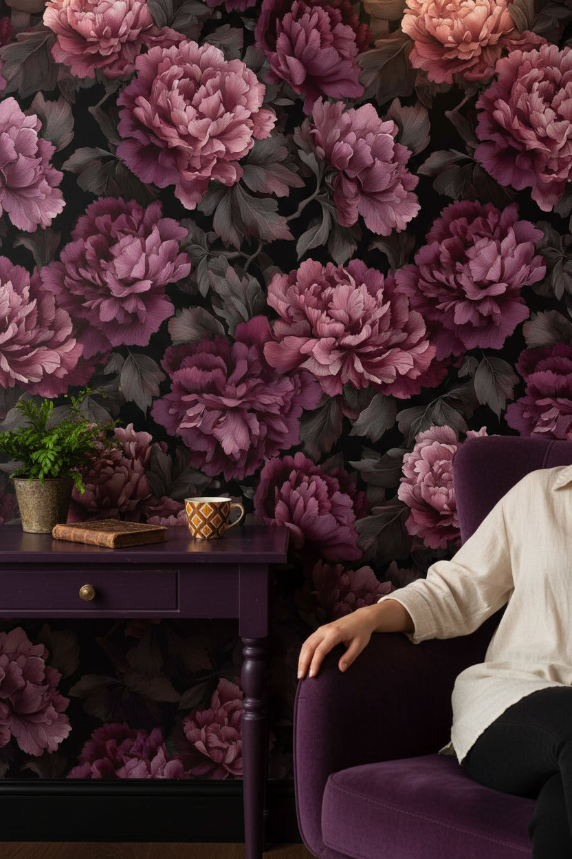 Bordo Şakayık Desenli Duvar Kağıdı Koyu Zemin Salon