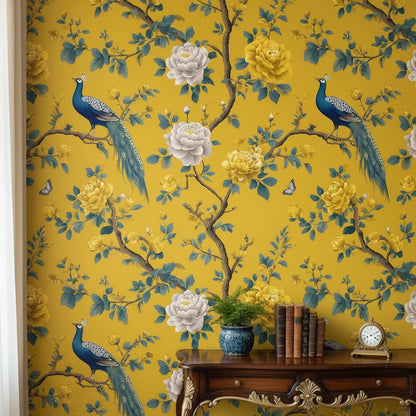 Tavus Kuşlu Çiçek Desenli Duvar Kağıdı Sarı Vintage Salon