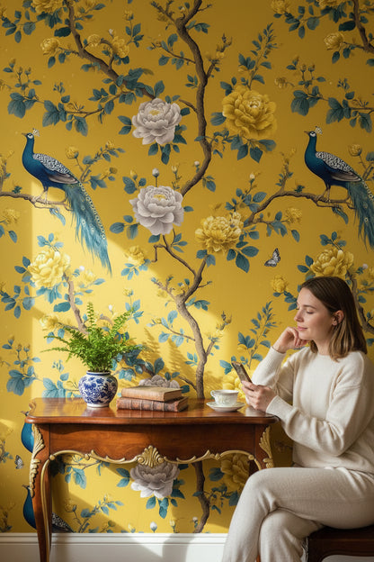 Tavus Kuşlu Çiçek Desenli Duvar Kağıdı Sarı Vintage Salon
