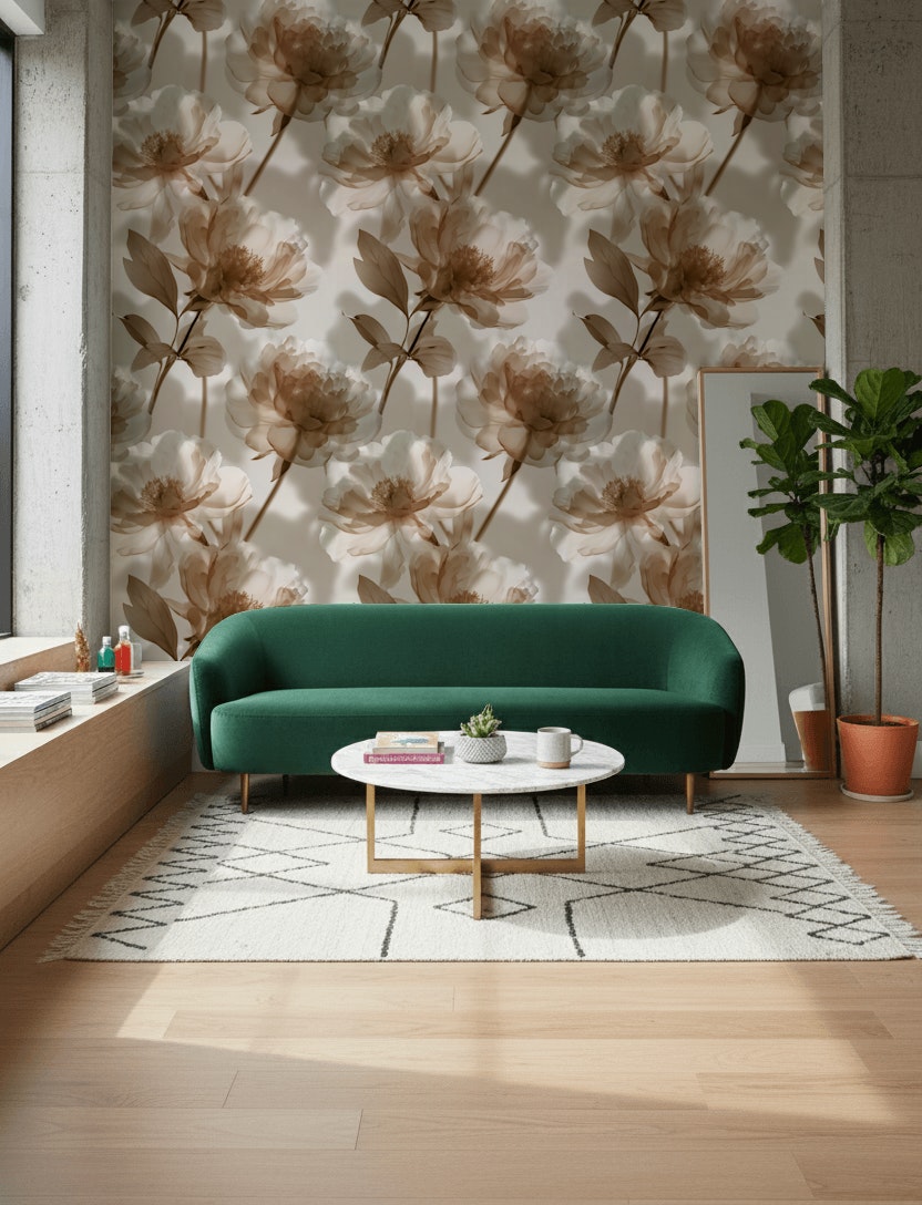 Bej Çiçek Desenli Duvar Kağıdı Klasik Salon Dekoru
