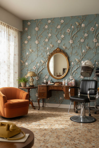 Kuşlu Kabartma Çiçek Desenli Duvar Kağıdı Mavi Salon