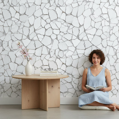 Beyaz Taş Desenli Duvar Kağıdı Modern Salon Duvar Dekoru