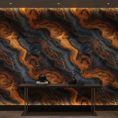 Soyut Mermer Desenli Duvar Kağıdı Siyah Turuncu Salon