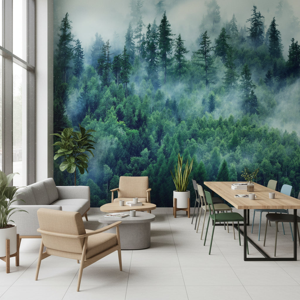 Sisli Orman Manzaralı Poster Duvar Kağıdı Yeşil Salon