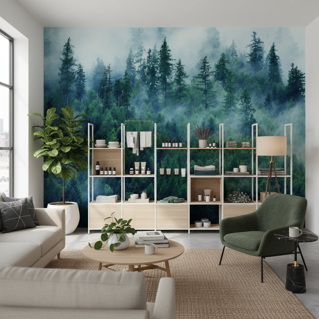 Sisli Orman Manzaralı Poster Duvar Kağıdı Yeşil Salon