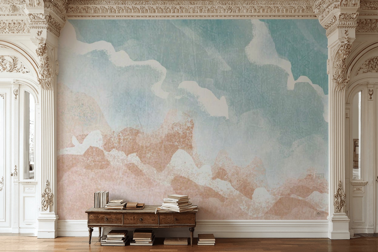 Soyut Pastel Desenli Poster Duvar Kağıdı Mavi Bej Salon