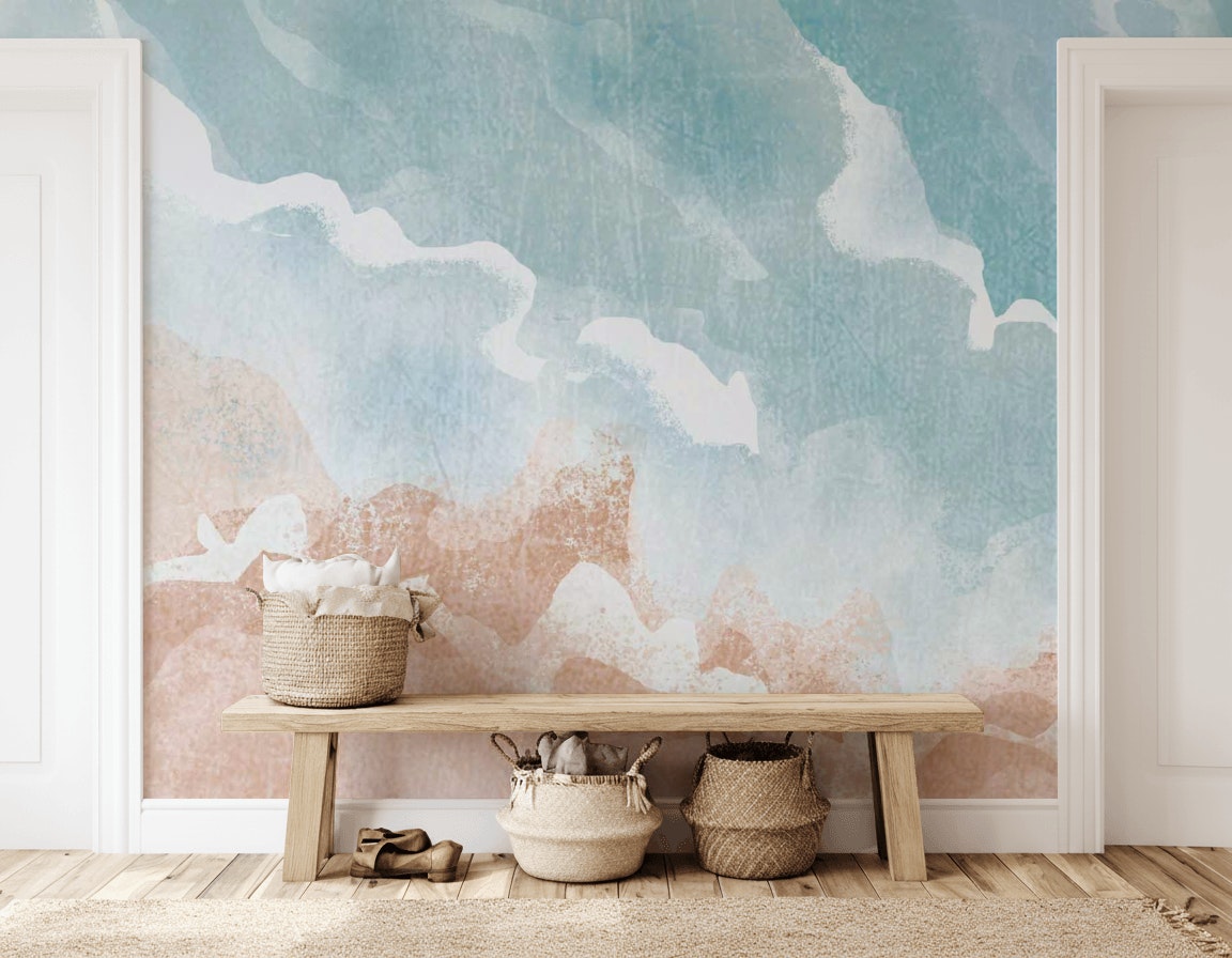 Soyut Pastel Desenli Poster Duvar Kağıdı Mavi Bej Salon
