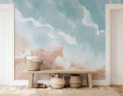 Soyut Pastel Desenli Poster Duvar Kağıdı Mavi Bej Salon