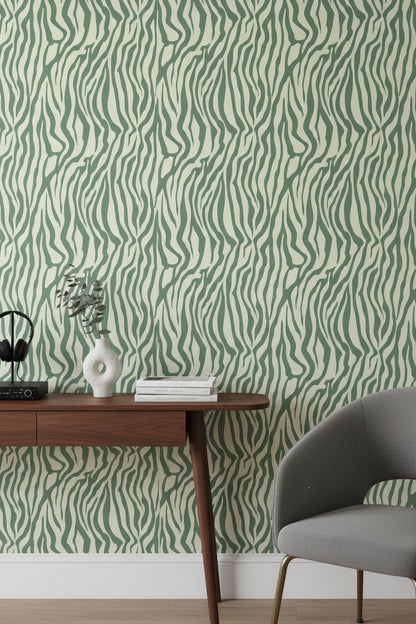 Zebra Desenli Duvar Kağıdı Yeşil Modern Salon Dekoru