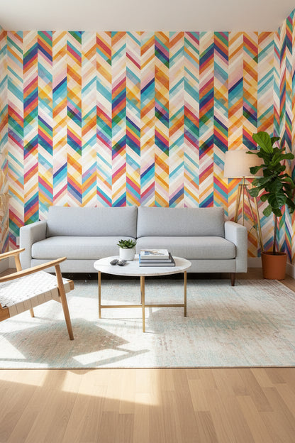 Renkli Zikzak Geometrik Duvar Kağıdı Modern Salon Dekoru