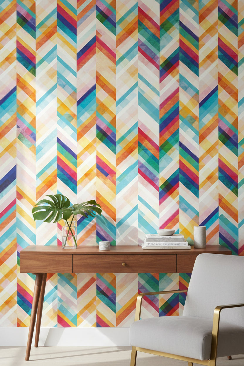 Renkli Zikzak Geometrik Duvar Kağıdı Modern Salon Dekoru