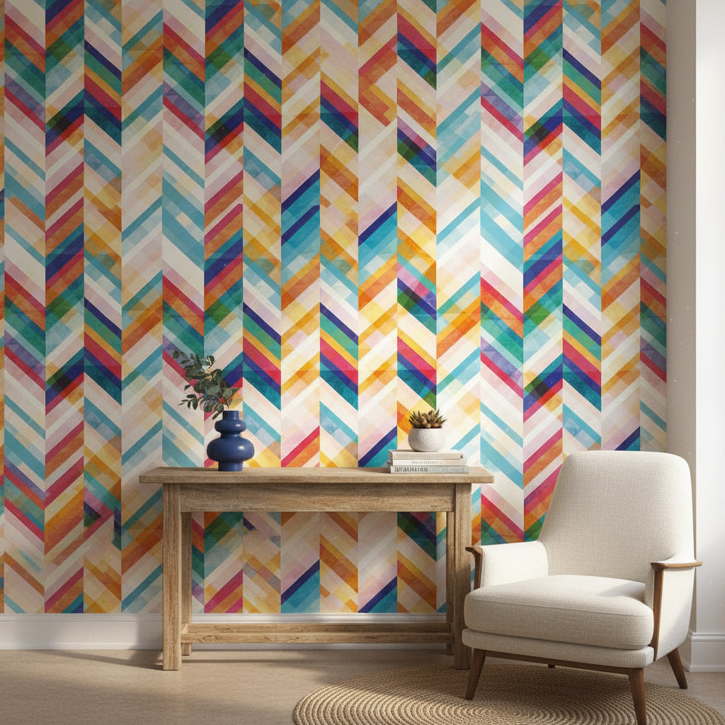 Renkli Zikzak Geometrik Duvar Kağıdı Modern Salon Dekoru