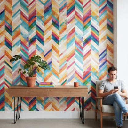 Renkli Zikzak Geometrik Duvar Kağıdı Modern Salon Dekoru