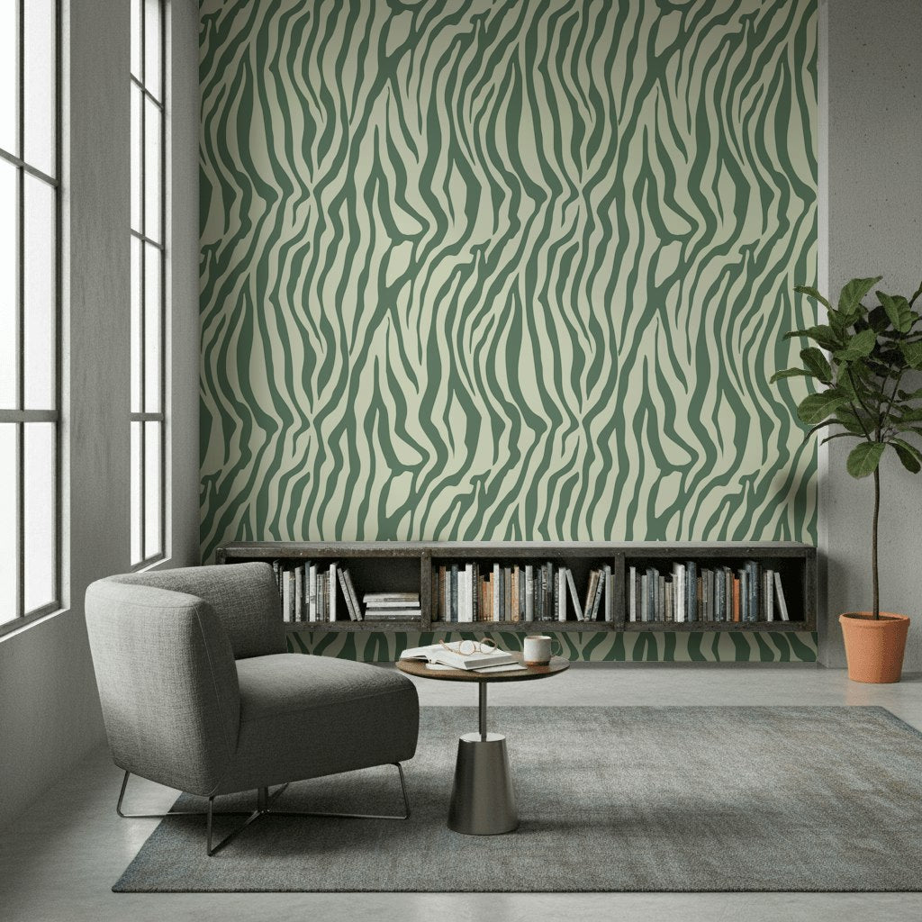 Zebra Desenli Duvar Kağıdı Yeşil Modern Salon Dekoru