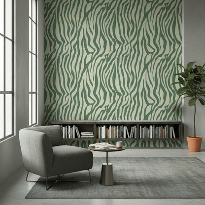 Zebra Desenli Duvar Kağıdı Yeşil Modern Salon Dekoru