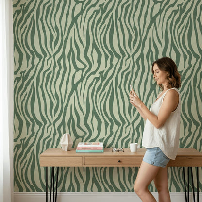 Zebra Desenli Duvar Kağıdı Yeşil Modern Salon Dekoru