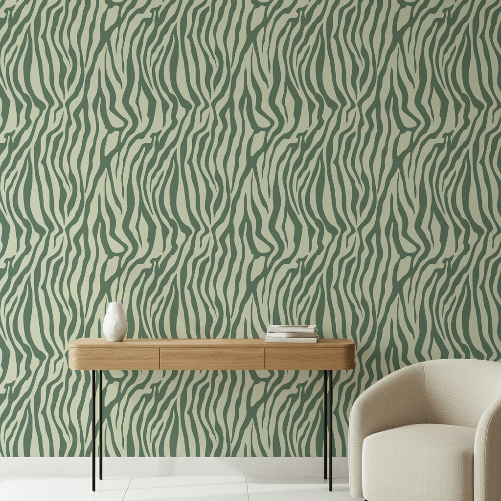 Zebra Desenli Duvar Kağıdı Yeşil Modern Salon Dekoru