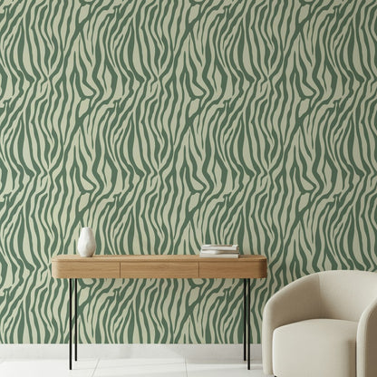 Zebra Desenli Duvar Kağıdı Yeşil Modern Salon Dekoru