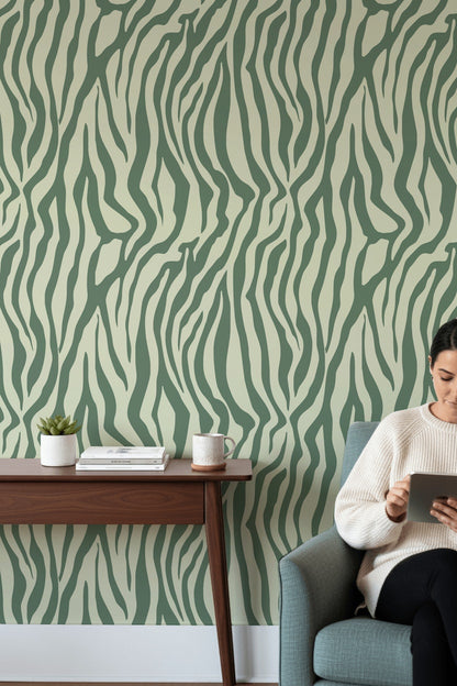 Zebra Desenli Duvar Kağıdı Yeşil Modern Salon Dekoru