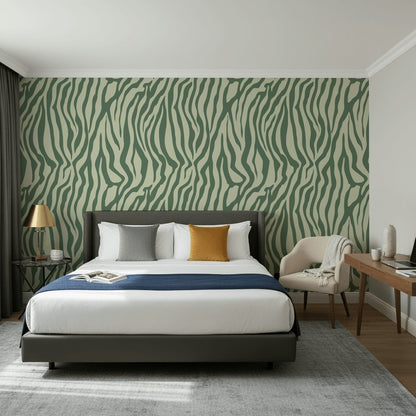 Zebra Desenli Duvar Kağıdı Yeşil Modern Salon Dekoru