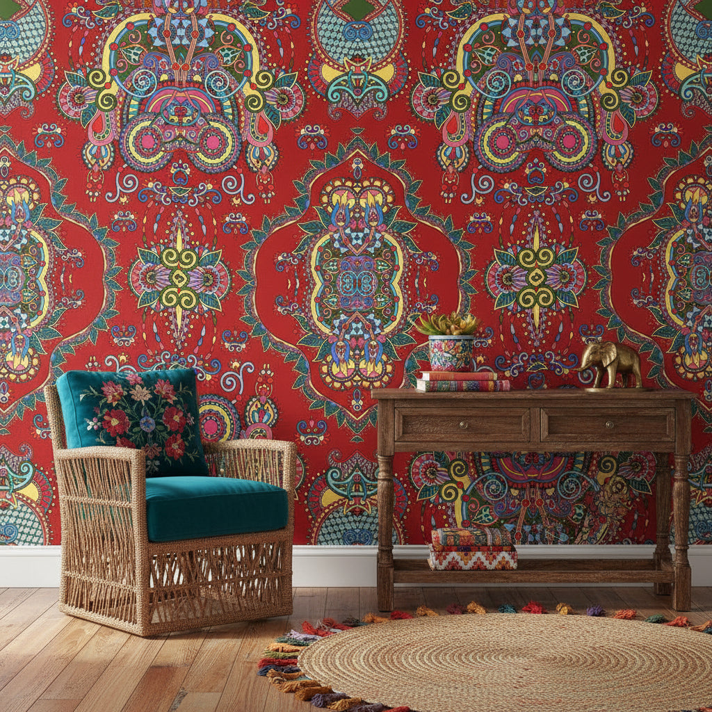 Mandala Desenli Duvar Kağıdı Kırmızı Bohem Renkli Salon