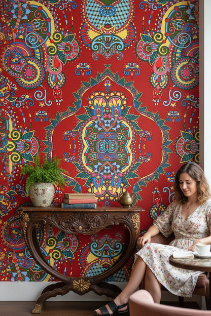 Mandala Desenli Duvar Kağıdı Kırmızı Bohem Renkli Salon