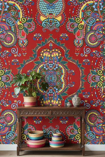 Mandala Desenli Duvar Kağıdı Kırmızı Bohem Renkli Salon