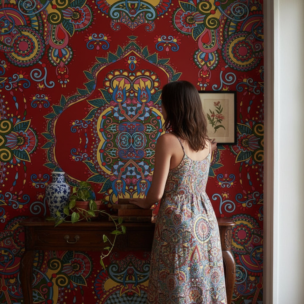 Mandala Desenli Duvar Kağıdı Kırmızı Bohem Renkli Salon
