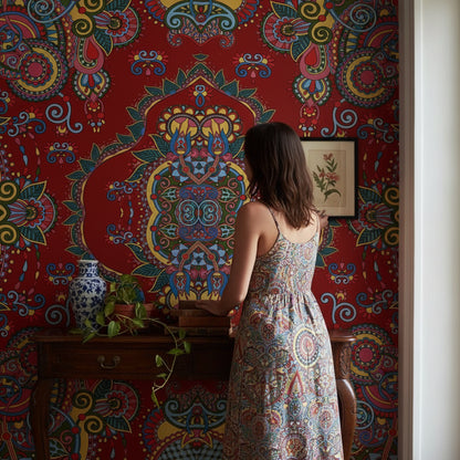 Mandala Desenli Duvar Kağıdı Kırmızı Bohem Renkli Salon