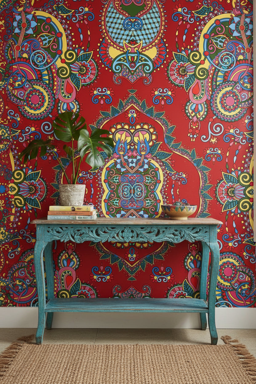 Mandala Desenli Duvar Kağıdı Kırmızı Bohem Renkli Salon