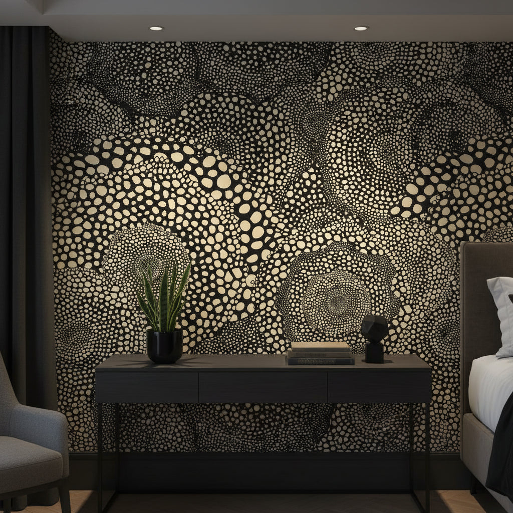 Soyut Noktalı Duvar Kağıdı Siyah Krem Modern Salon