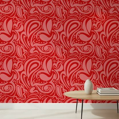 Kırmızı Damask Desenli Duvar Kağıdı Klasik Yatak Odası