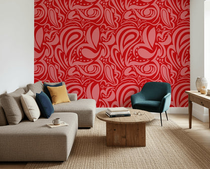 Kırmızı Damask Desenli Duvar Kağıdı Klasik Yatak Odası