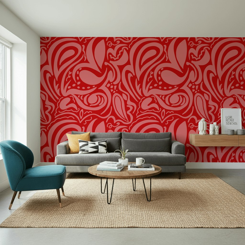 Kırmızı Damask Desenli Duvar Kağıdı Klasik Yatak Odası