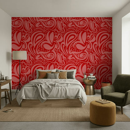 Kırmızı Damask Desenli Duvar Kağıdı Klasik Yatak Odası