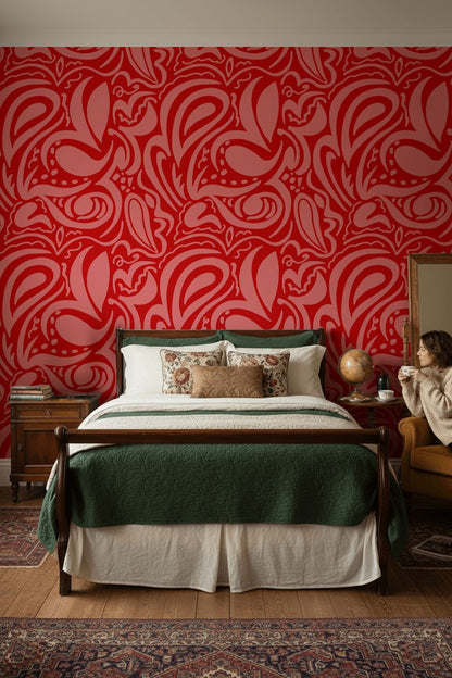 Kırmızı Damask Desenli Duvar Kağıdı Klasik Yatak Odası