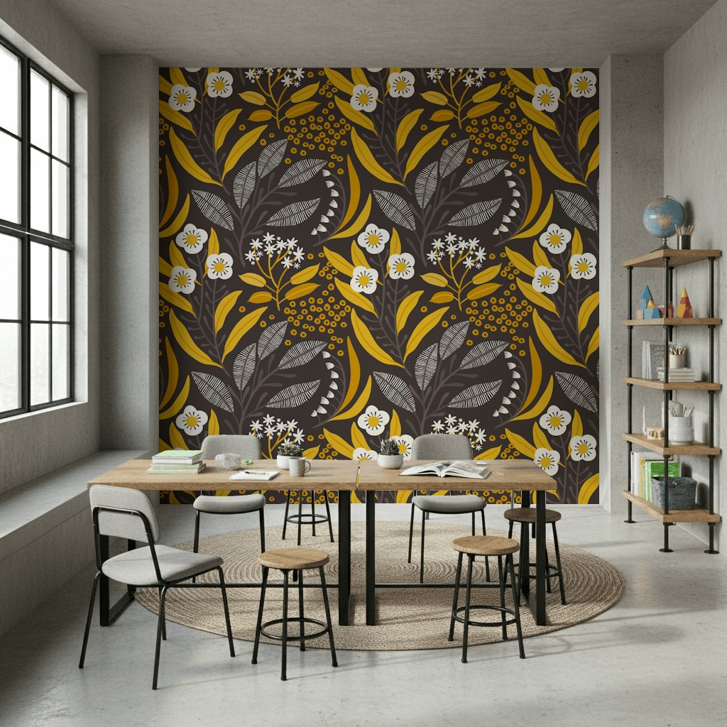 Altın Yapraklı Çiçek Desenli Duvar Kağıdı Siyah Fon Salon