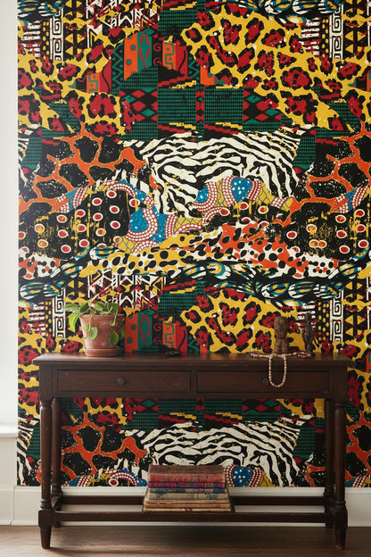 Etnik Leopar Desenli Duvar Kağıdı Sarı Kırmızı Salon