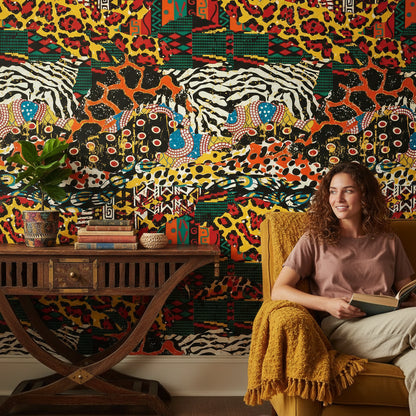 Etnik Leopar Desenli Duvar Kağıdı Sarı Kırmızı Salon