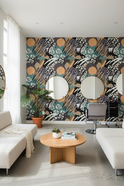 Soyut Desenli Duvar Kağıdı Yeşil Bej Modern Salon