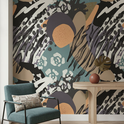 Soyut Desenli Duvar Kağıdı Yeşil Bej Modern Salon