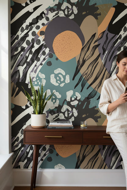Soyut Desenli Duvar Kağıdı Yeşil Bej Modern Salon