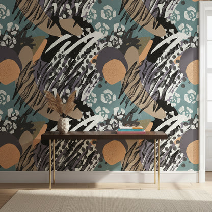 Soyut Desenli Duvar Kağıdı Yeşil Bej Modern Salon