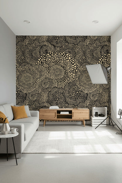 Soyut Noktalı Duvar Kağıdı Siyah Krem Modern Salon