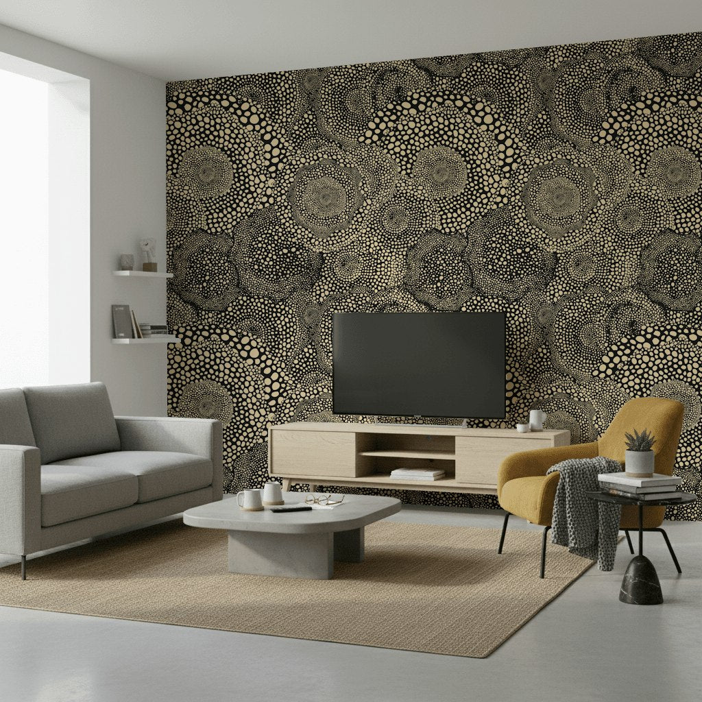 Soyut Noktalı Duvar Kağıdı Siyah Krem Modern Salon
